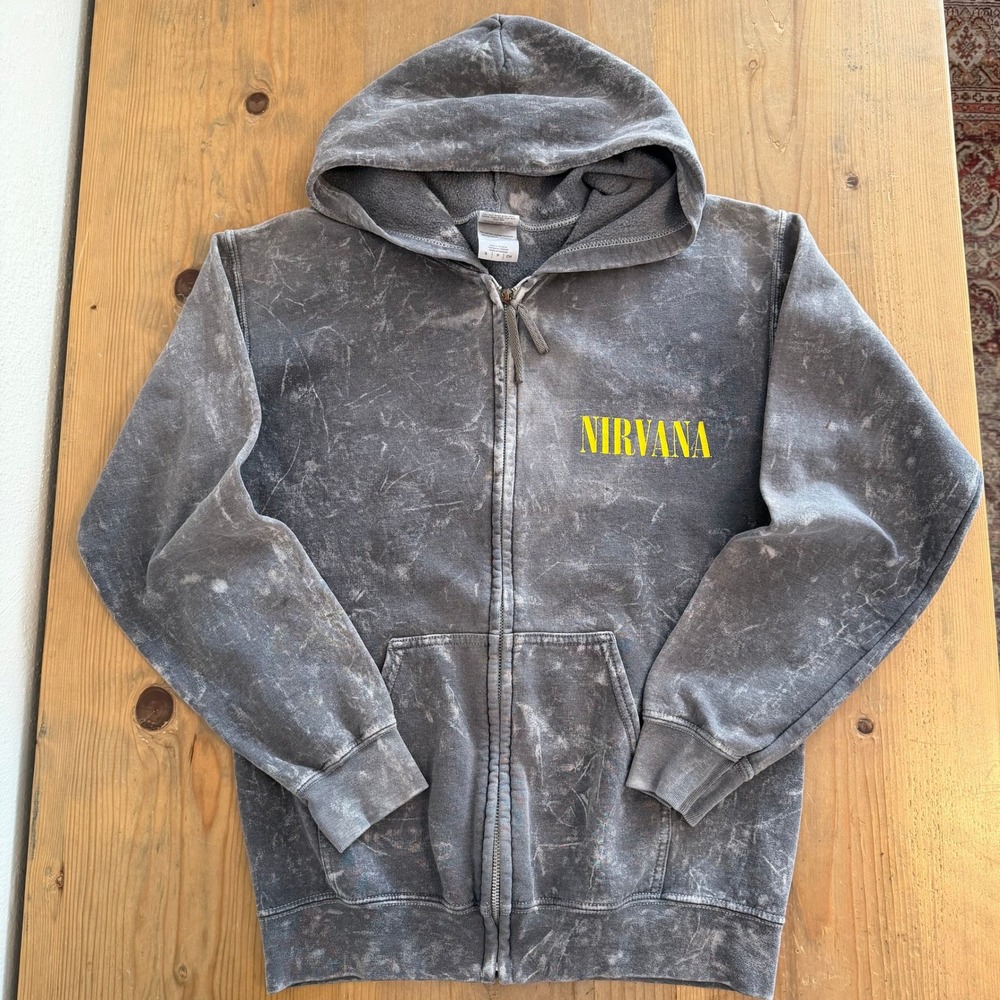 Nirvana Smiley Face Mineral Wash Zip Up Hoodie Grey Mens Small 2016 Band Tee - Picture 2 of 8